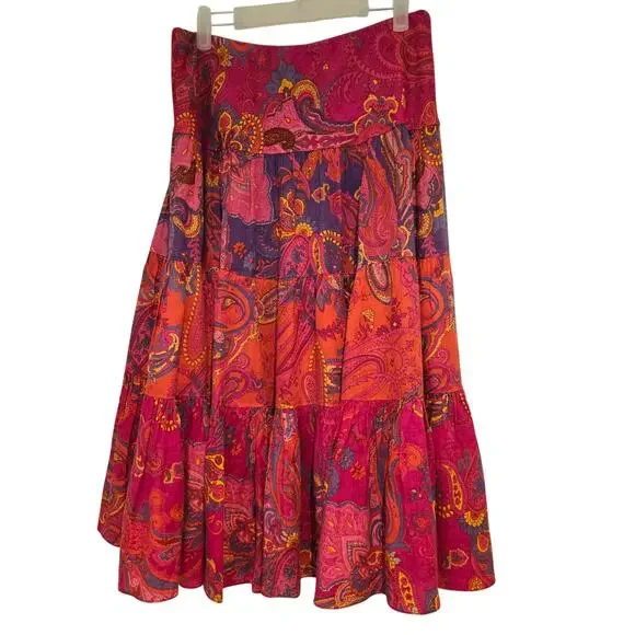 Lauren Ralph Lauren 100% Linen Pink Paisley Tiered Ruffle Midi Skirt - Small - Picture 3 of 7